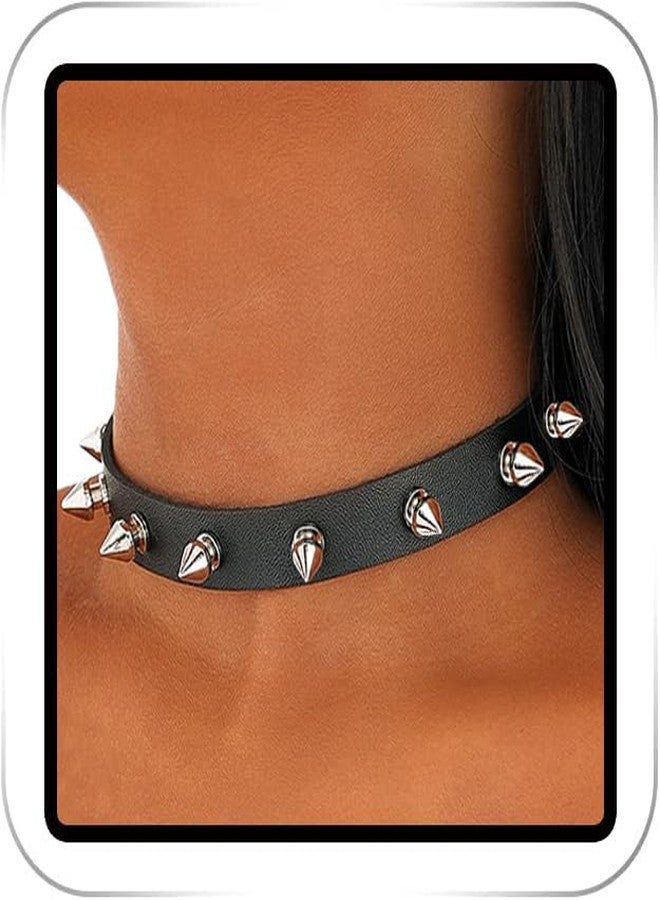 Firuilo Cool Punk Choker Metal Spike Studded Leather Collar Necklace Black Leather Necklace for Women (A-Style) - Image 1